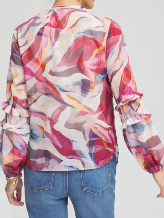 Chico's Pink Multi-Color Ruffle Button-Front Blouse - Picture 6 of 6